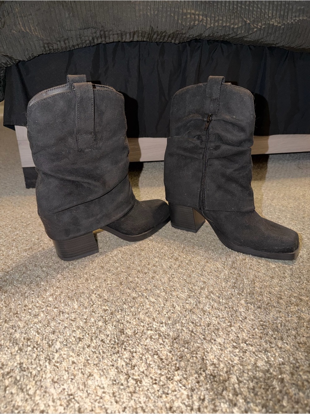 Women's Black Suede Mid-Calf Block Heel Boots